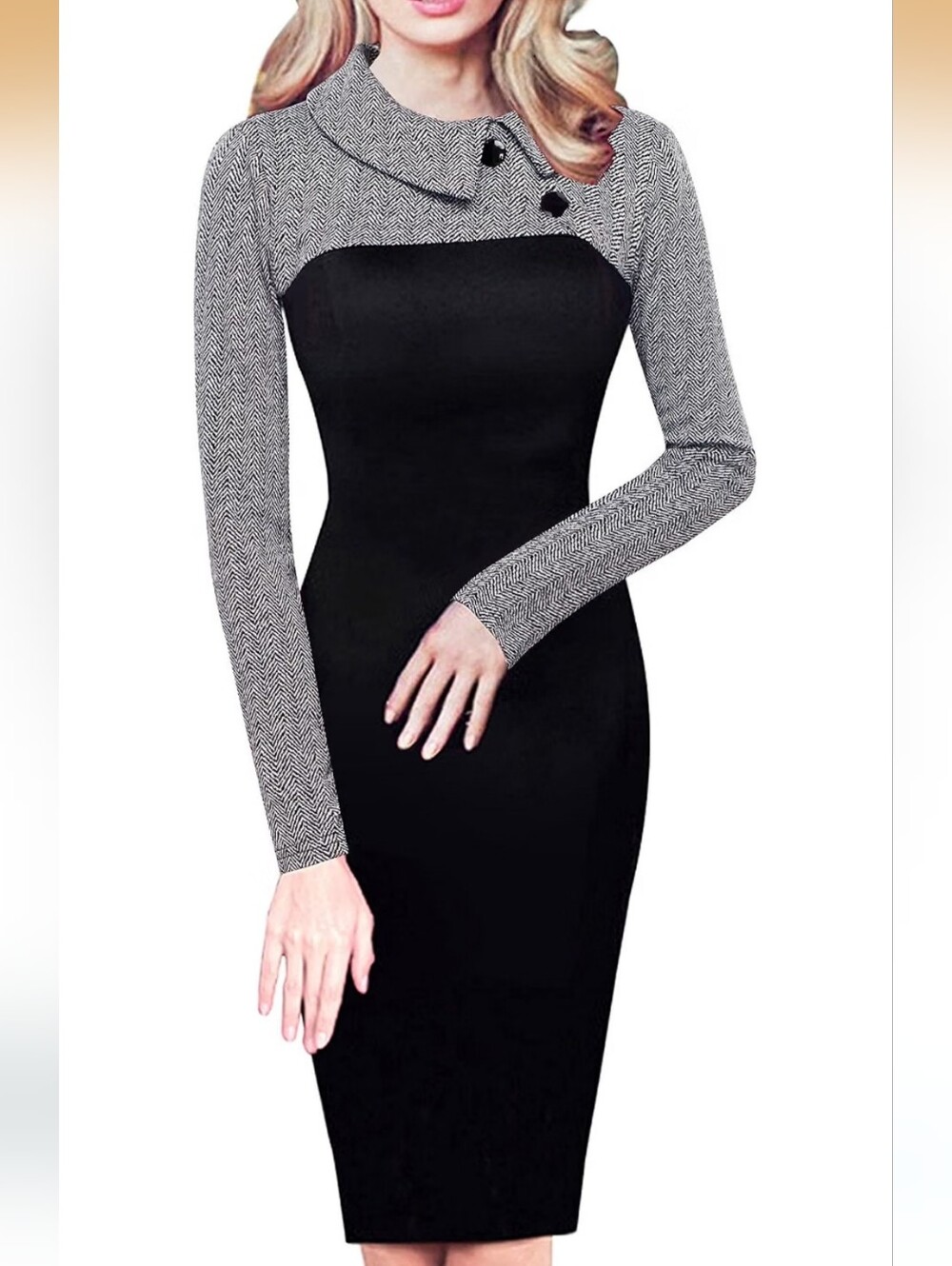 Classic Black and houndstooth Long-Sleeve Colorblock Dress
